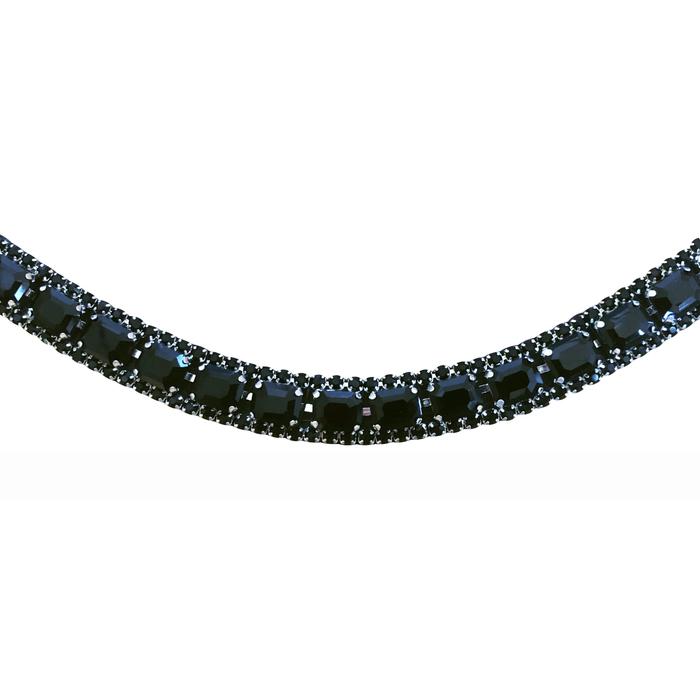 A close-up of the Lumiere Audrey browband crafted from black solitaire crystal browband and premium leather set against a solid light gray background.