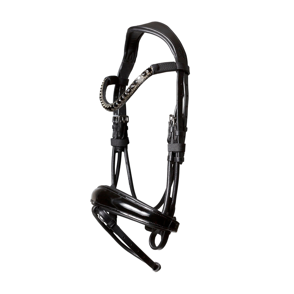 A close-up of the Lumiere Audrey bridle crafted from premium leather with deep-drop black solitaire crystal browband, gel-padded anatomic headpiece and gel-padded Hanoverian noseband set against a solid light gray background.
