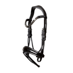 A close-up of the Lumiere Audrey bridle crafted from premium leather with deep-drop black solitaire crystal browband, gel-padded anatomic headpiece and gel-padded Hanoverian noseband set against a solid light gray background.