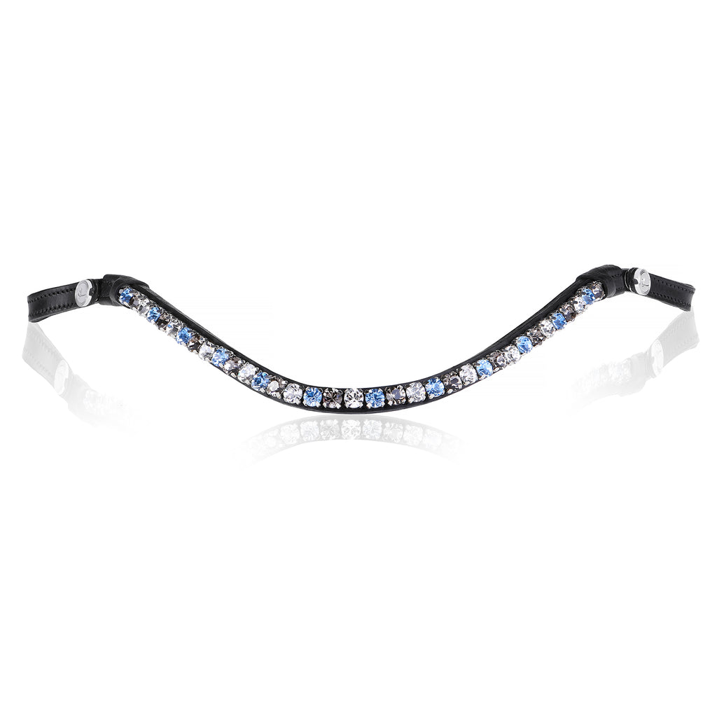 A front view of The Lumiere Ocean browband handcrafted from premium Austrian stellux crystals blue and silver set upon a supple leather band, elegantly curved.
