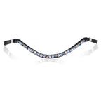 A front view of The Lumiere Ocean browband handcrafted from premium Austrian stellux crystals blue and silver set upon a supple leather band, elegantly curved.
