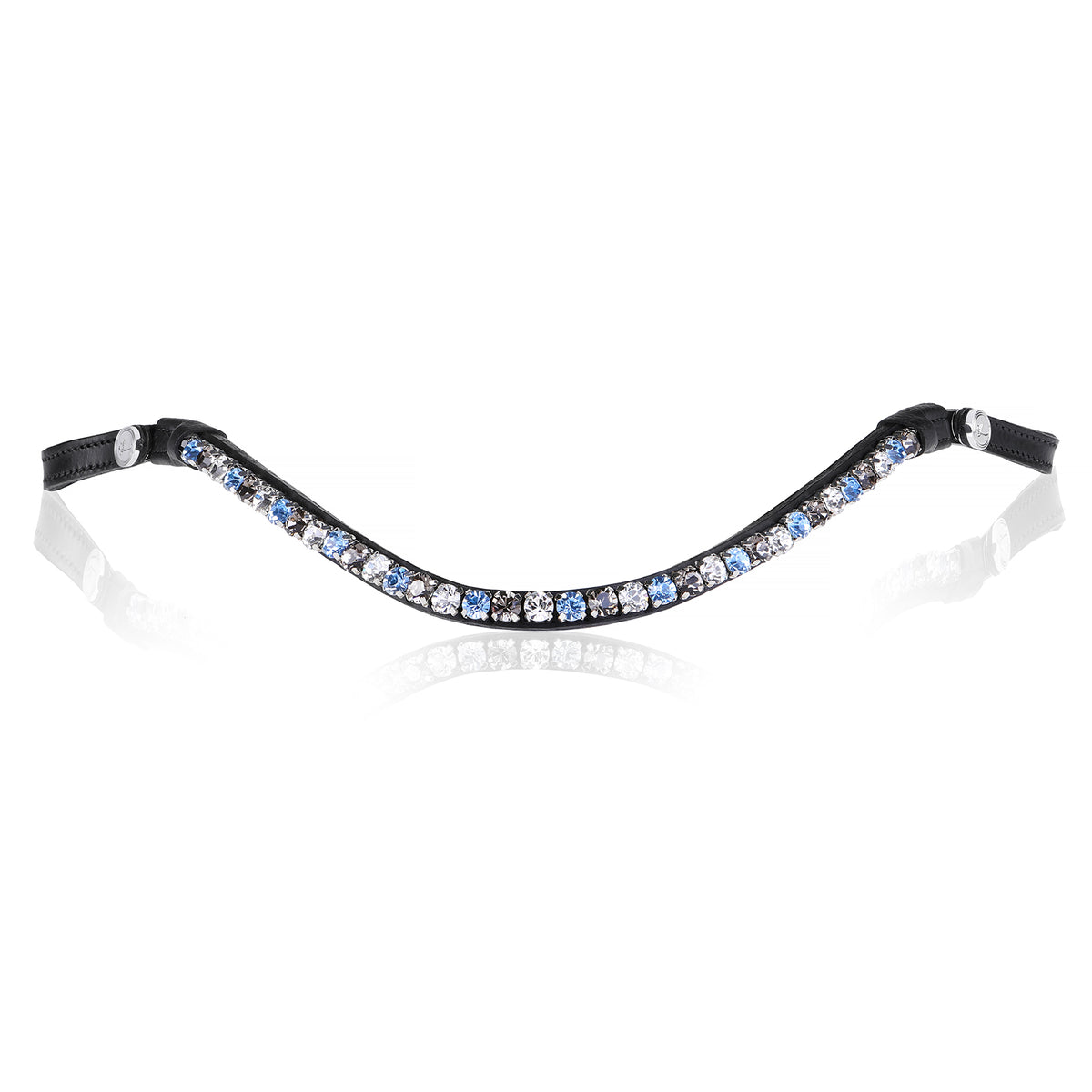 A front view of The Lumiere Ocean browband handcrafted from premium Austrian stellux crystals blue and silver set upon a supple leather band, elegantly curved.
