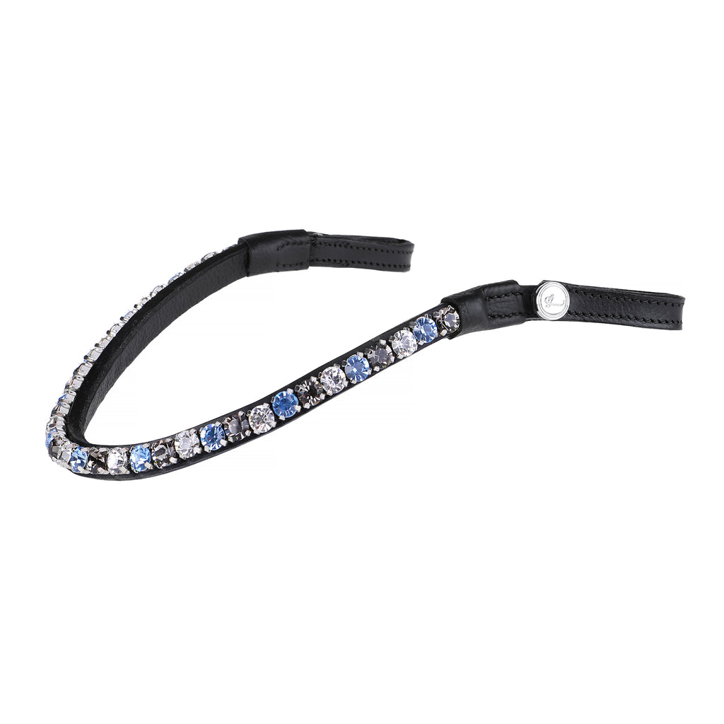 A side view of The Lumiere Ocean browband handcrafted from premium Austrian stellux crystals blue and silver set upon a supple leather band, elegantly curved.
