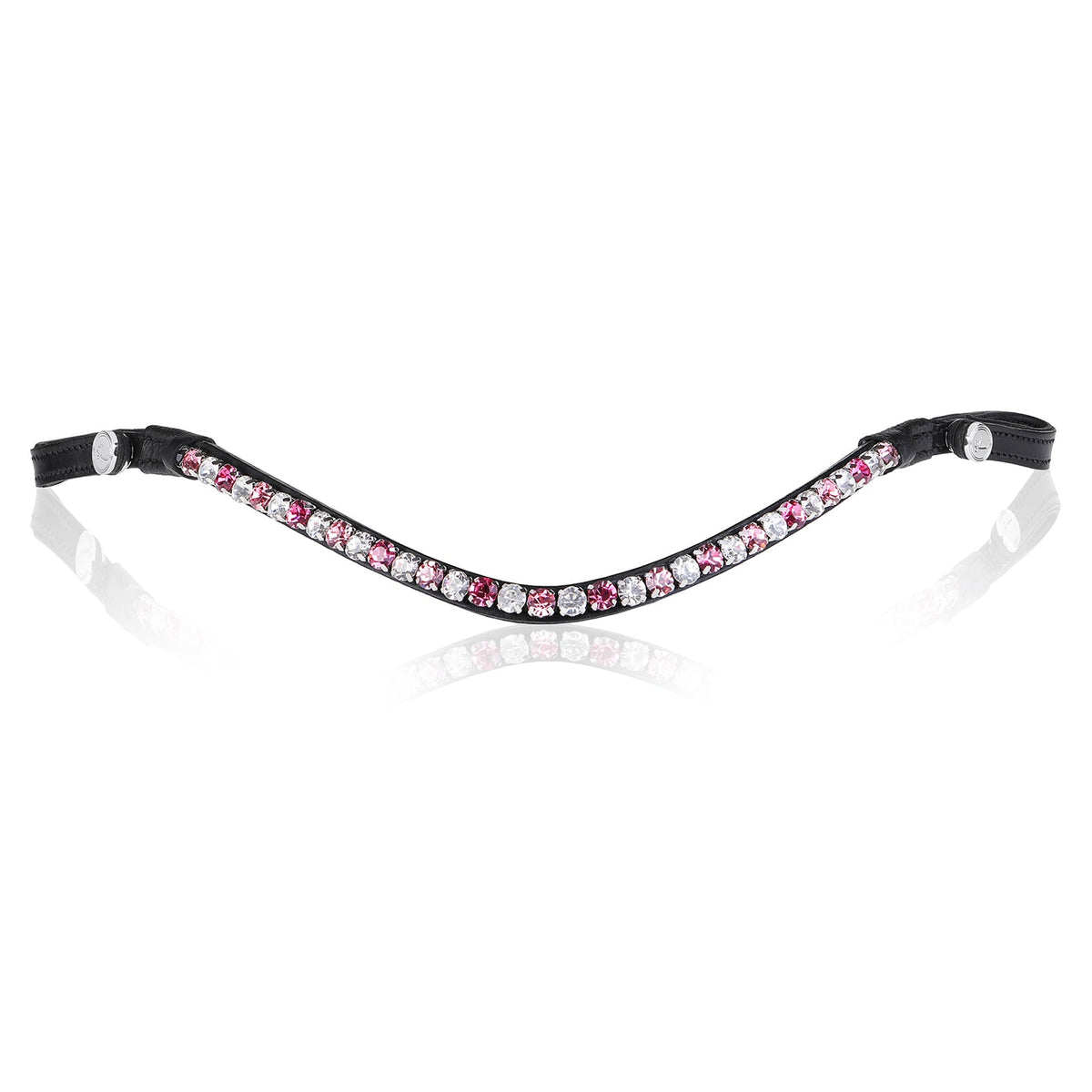 A full view of The Paloma browband featuring Austrian stellux crystals that alternates a pattern of soft pink, clear and watermelon pink creating the perfect pink tone.