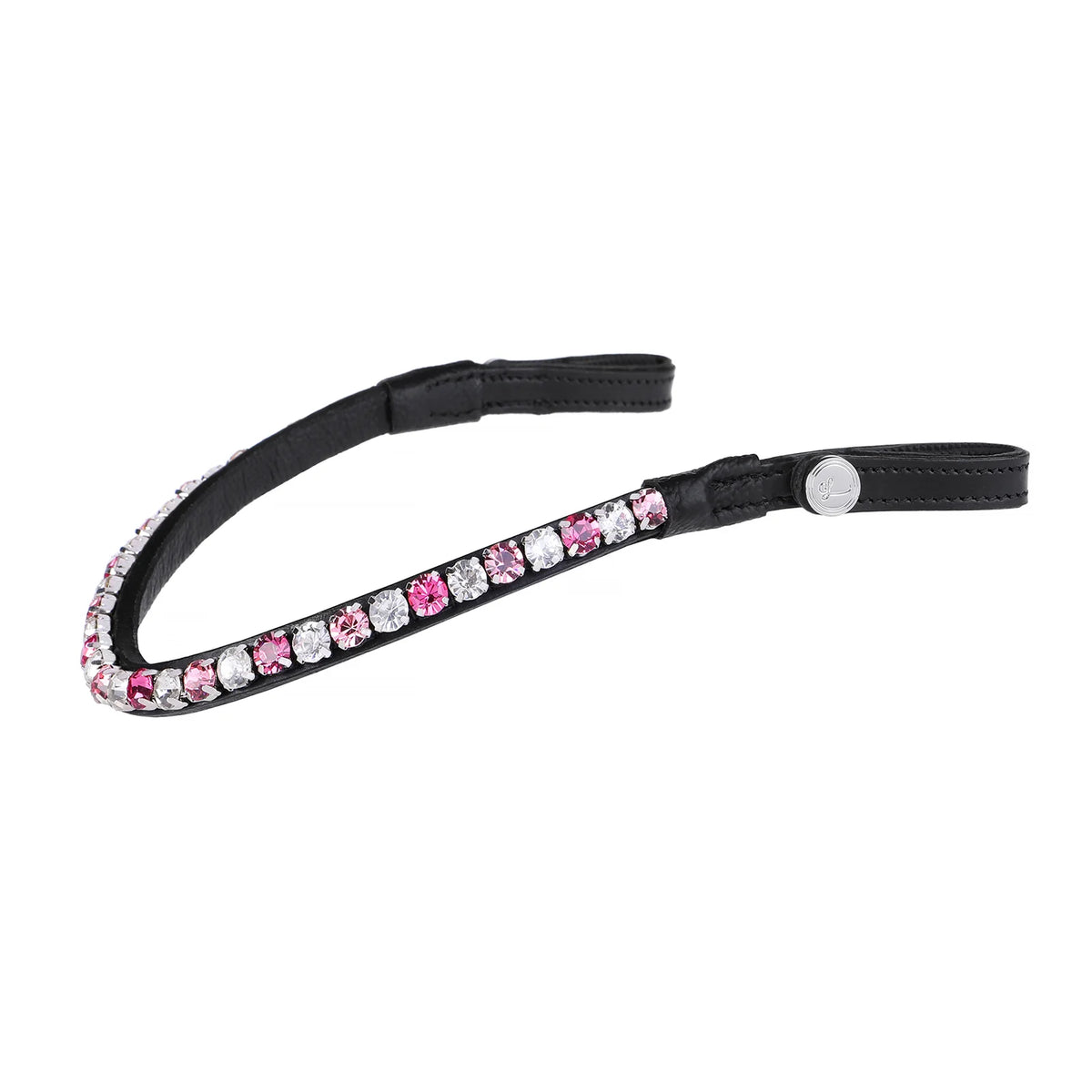 A side view of The Paloma browband featuring Austrian stellux crystals that alternates a pattern of soft pink, clear and watermelon pink creating the perfect pink tone.
