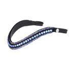 A side view of The Paris browband — premium leather with baby blue glitter and  baby blue crystals in a wide, 2cm-deep design .