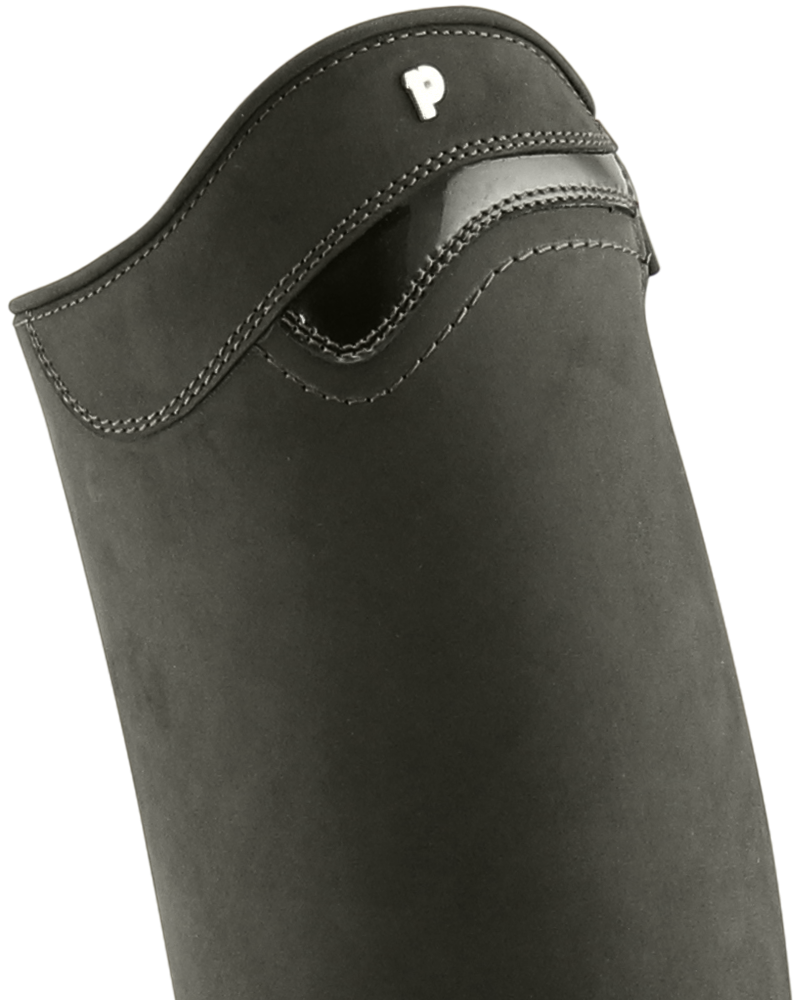 Close-up of Petrie Explorer black nubuck riding boos — side view