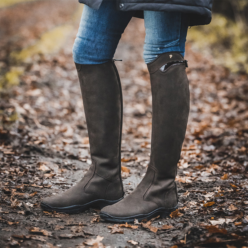 Petrie Explorer black nubuck riding boos — lifestyle in the wood