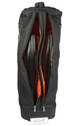 Petrie riding boots black bootbag shown open, revealing a bright orange interior lining 