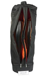 Petrie riding boots black bootbag shown open, revealing a bright orange interior lining 