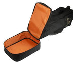 Petrie riding boots bootbag in black,  zippered bag shown open at the bottom, revealing a bright orange interior lining and good space