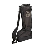A black Petrie riding boots bag with an adjustable shoulder strap and a white brand patch on the upper front, shown against a plain white background.