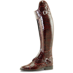 A single Petrie riding boot with a glossy crocodile-embossed texture in deep burgundy brown, featuring silver buckle straps near the top and ankle, set against a plain white background.