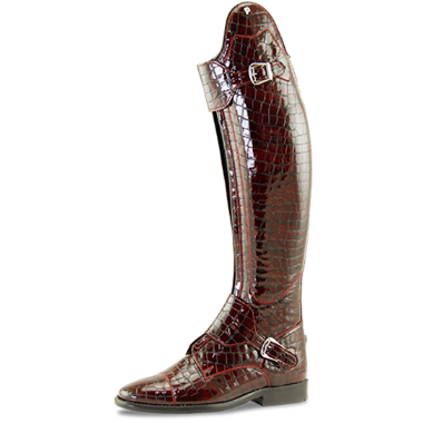 A single Petrie riding boot with a glossy crocodile-embossed texture in deep burgundy brown, featuring silver buckle straps near the top and ankle, set against a plain white background.