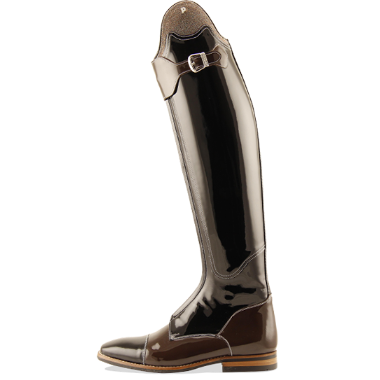 A tall, Petrie glossy brown leather riding boot with a side buckle strap, shown in profile against a plain white background.