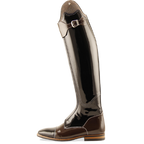 A tall, Petrie glossy brown leather riding boot with a side buckle strap, shown in profile against a plain white background.