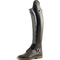 A single tall Petrie equestrian riding boot in dark brown leather with a glossy crocodile-embossed texture on the shaft, featuring silver buckle straps and a low brown leather heel, shown against a plain white background.