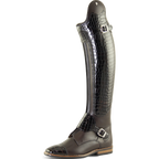 A single tall Petrie equestrian riding boot in dark brown leather with a glossy crocodile-embossed texture on the shaft, featuring silver buckle straps and a low brown leather heel, shown against a plain white background.