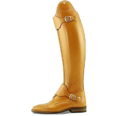 A single Petrie tan leather equestrian riding boot with silver buckle straps, shown in profile against a white background.