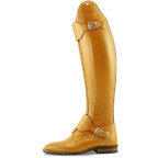 A single Petrie tan leather equestrian riding boot with silver buckle straps, shown in profile against a white background.