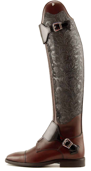 A single tall Petrie riding boot shown in side profile on a plain white background. The boot has a dark brown leather base with a dark gray tooled floral shaft and dark metallic buckles.