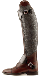 A single tall Petrie riding boot shown in side profile on a plain white background. The boot has a dark brown leather base with a dark gray tooled floral shaft and dark metallic buckles.
