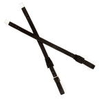 A pair of black dressage leather straps with silver metal buckles, arranged in an X-shape on a plain white background.