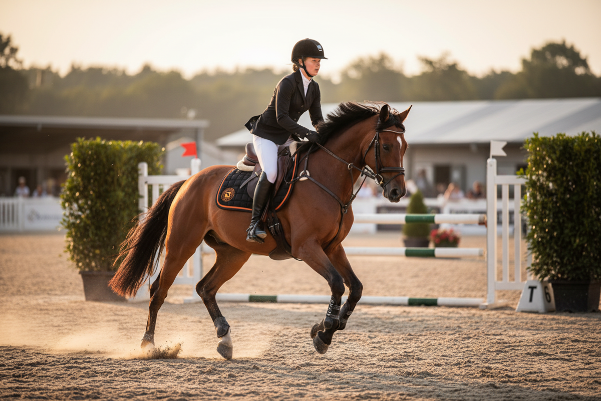 Childeric Jumping Saddle Pad - Action in a jumping competition outdoor arena