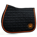 A Childeric black quilted equestrian saddle pad with vibrant orange piping and a circular embroidered Childeric logo on the lower right, set against a plain white background.