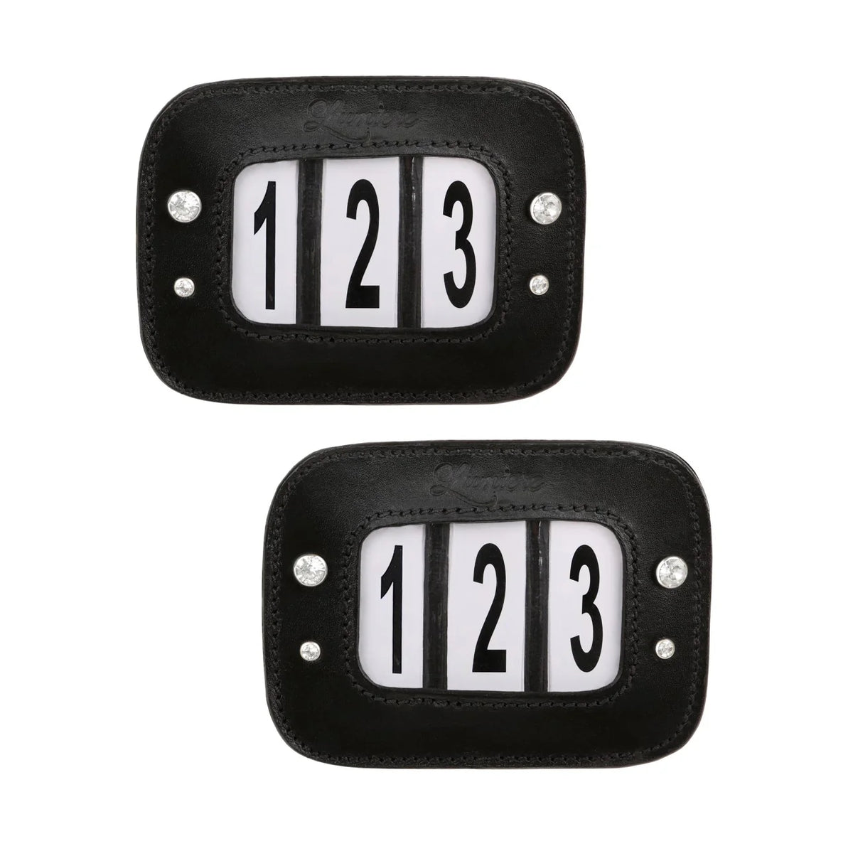 Pair of black leather crystal bridle number holder with white numerals