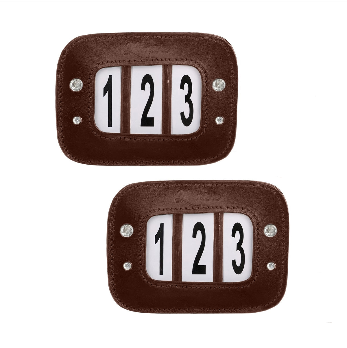Pair of brown leather crystal bridle number holder with white numerals