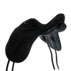 Black leather Cilderic dressage saddle on a white background