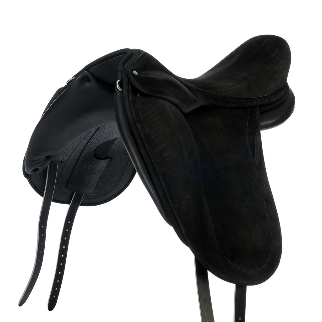 Black leather Childeric dressage saddle with a white background