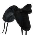 Black leather Childeric dressage saddle with a white background