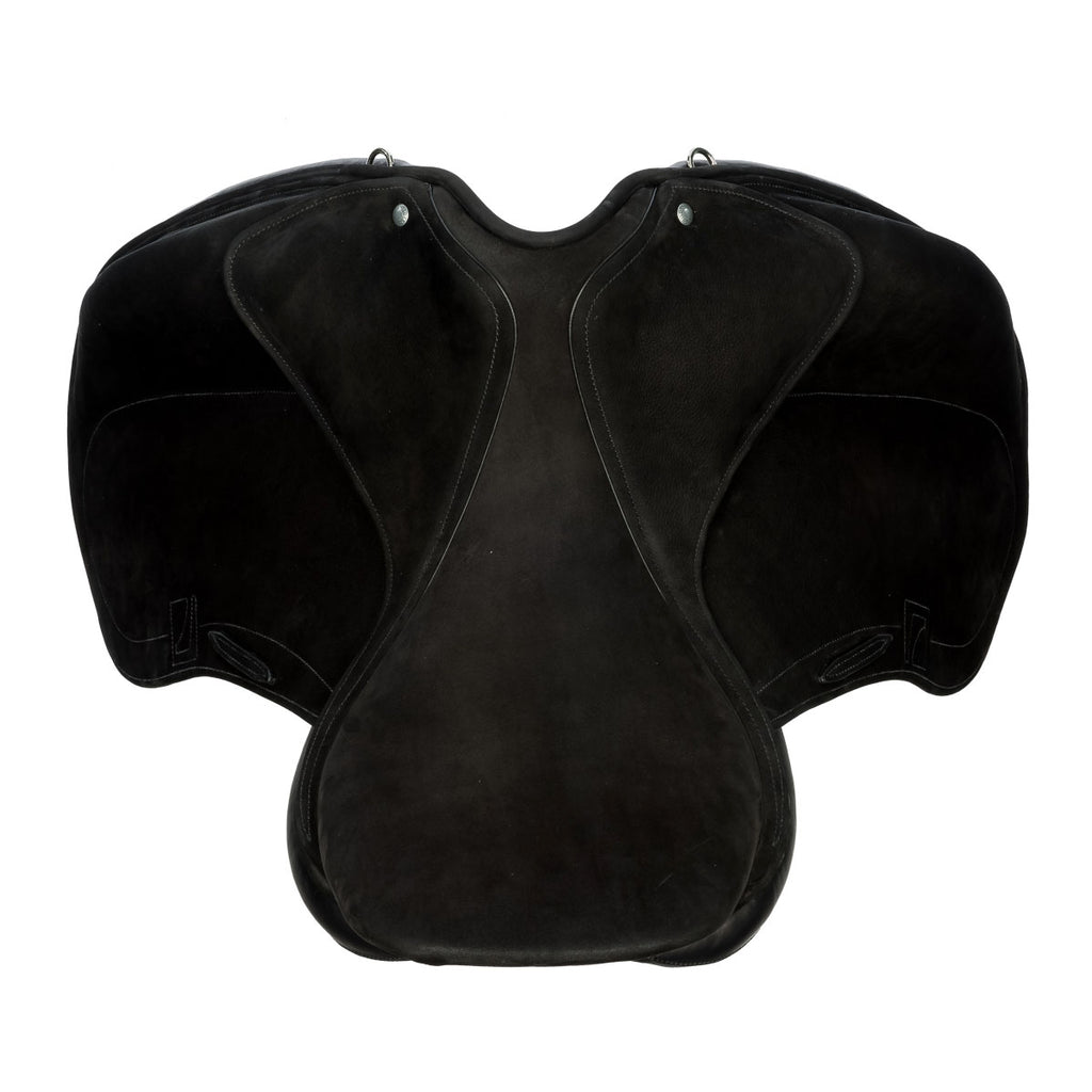 Black leather Childeric dressage saddle on a white background