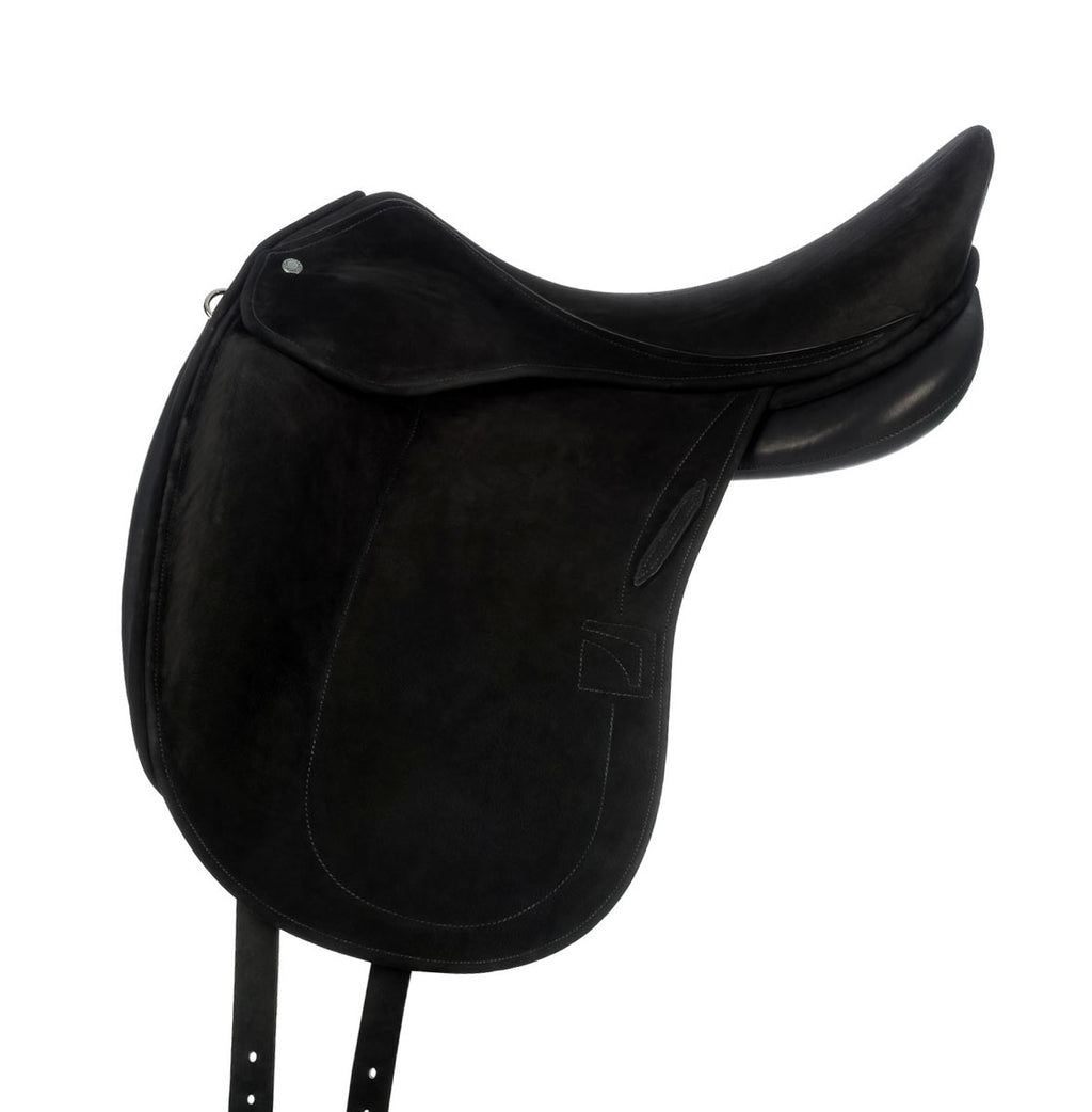 Black leather Childeric dressage saddle on a white background