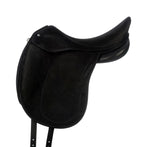 Black leather Childeric dressage saddle on a white background
