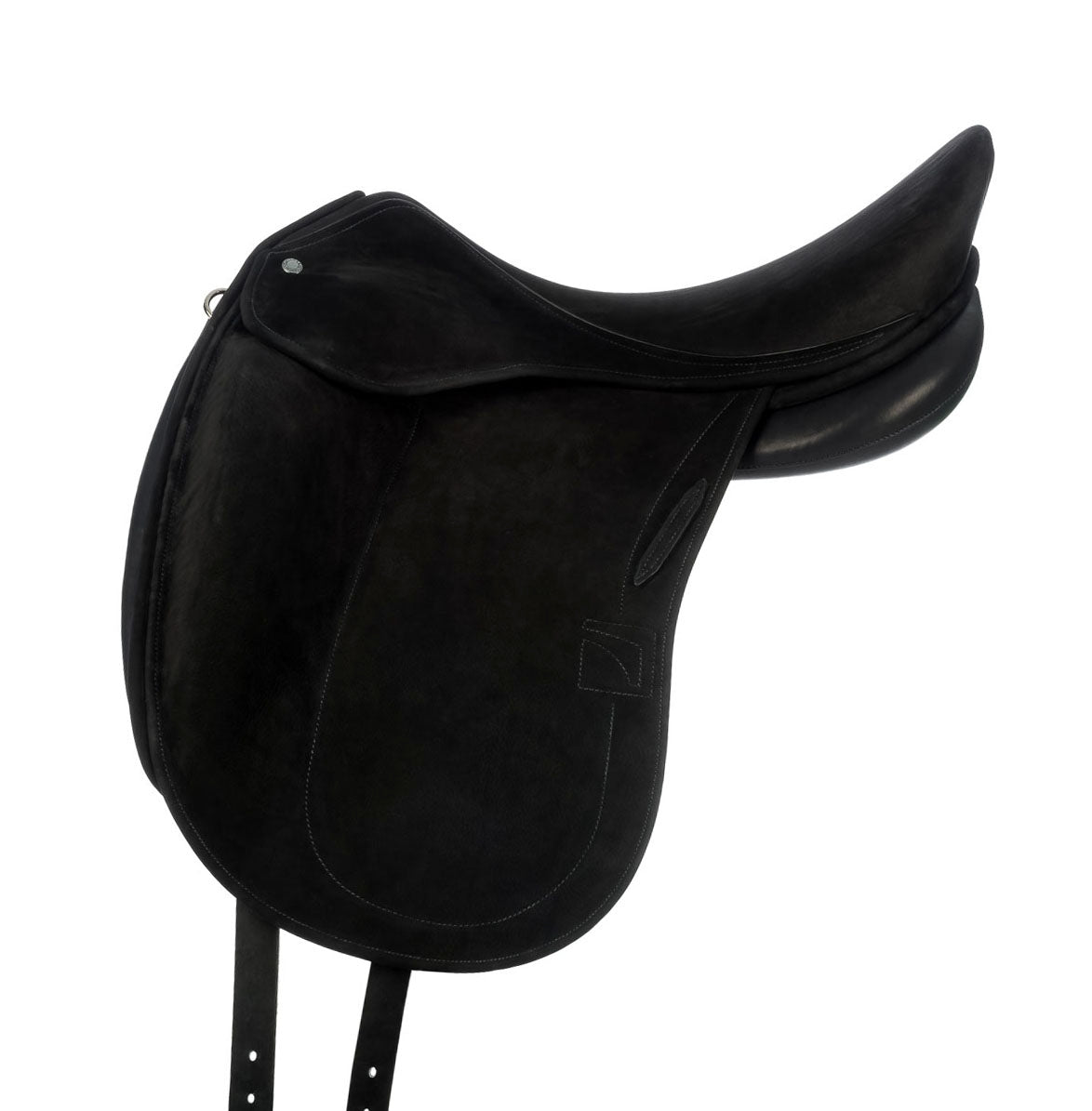 Black leather Childeric dressage saddle on a white background