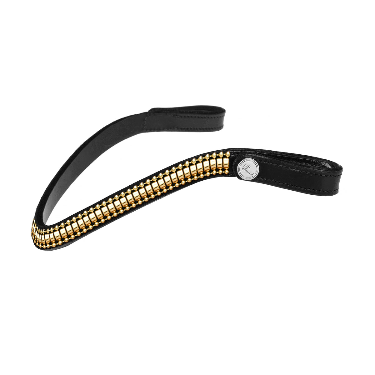 Side view of the Lumiere Delta bridle with Delta browband handcrafted from premium leather featuring a clincher-style centrepiece encased by gold beading at a 2cm depth.
