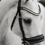 Close-up of the crystal browband and noseband of the Lumiere Diva bridle, premium leather snaffle 
