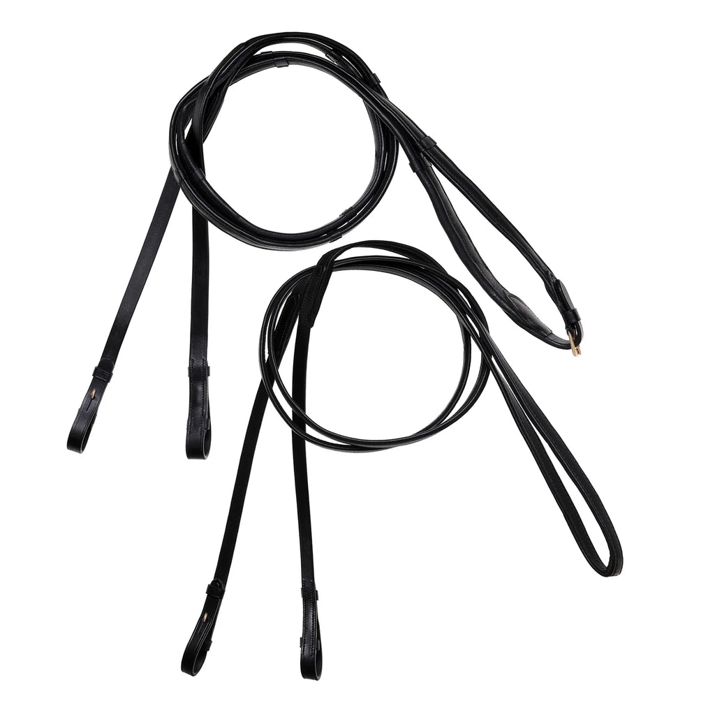 Complete Lumiere double bridle rein set in butter-soft flat nappa leather. Includes snaffle rein with gold buckle and curb rein without buckle. Stylish rein markers.